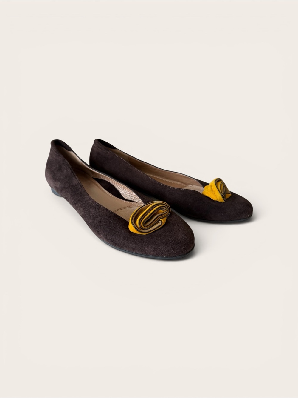 BeautiFeel Dark Brown Suede Flats with Yellow Rosette Accent
